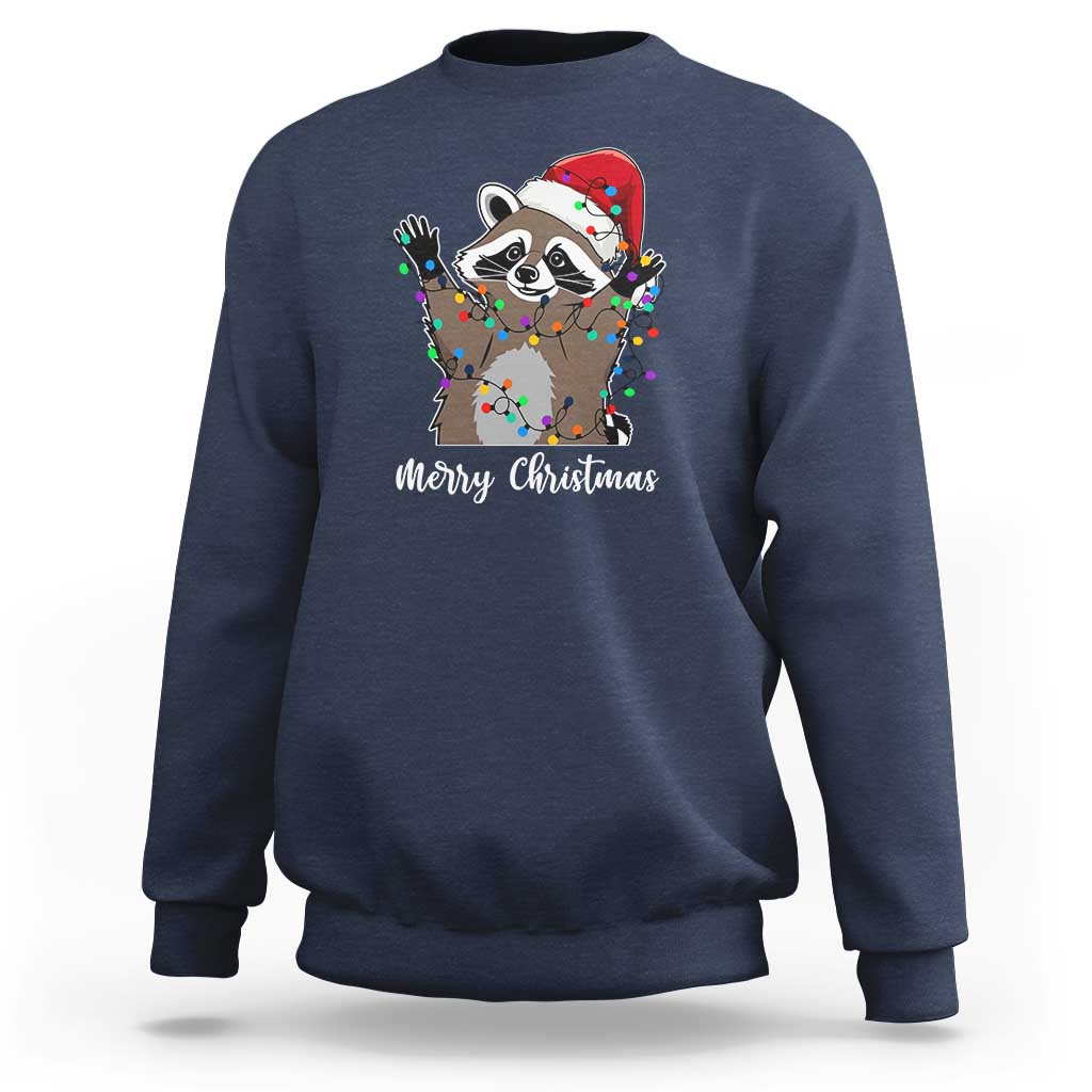 Merry Christmas Raccoon Sweatshirt Happy Holidays Gift Animal Xmas Lights Red Santa Hat - Wonder Print Shop