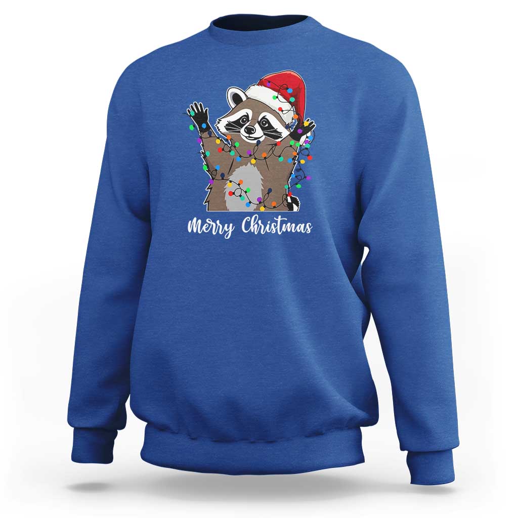 Merry Christmas Raccoon Sweatshirt Happy Holidays Gift Animal Xmas Lights Red Santa Hat - Wonder Print Shop