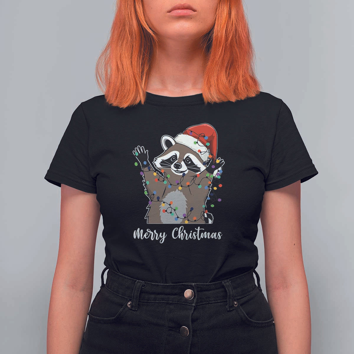 Merry Christmas Raccoon T Shirt For Women Happy Holidays Gift Animal Xmas Lights Red Santa Hat - Wonder Print Shop