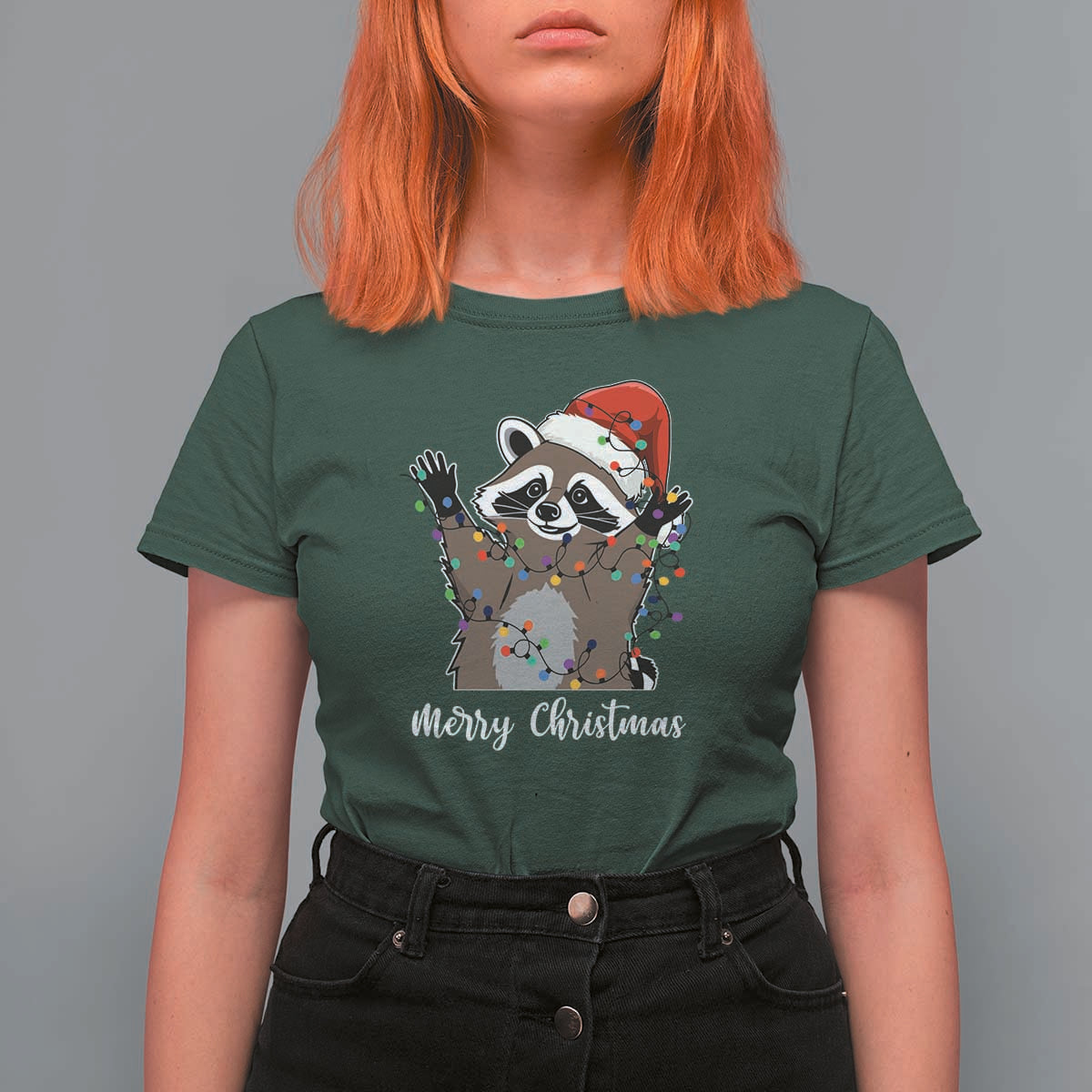 Merry Christmas Raccoon T Shirt For Women Happy Holidays Gift Animal Xmas Lights Red Santa Hat - Wonder Print Shop