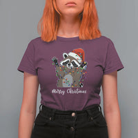 Merry Christmas Raccoon T Shirt For Women Happy Holidays Gift Animal Xmas Lights Red Santa Hat - Wonder Print Shop