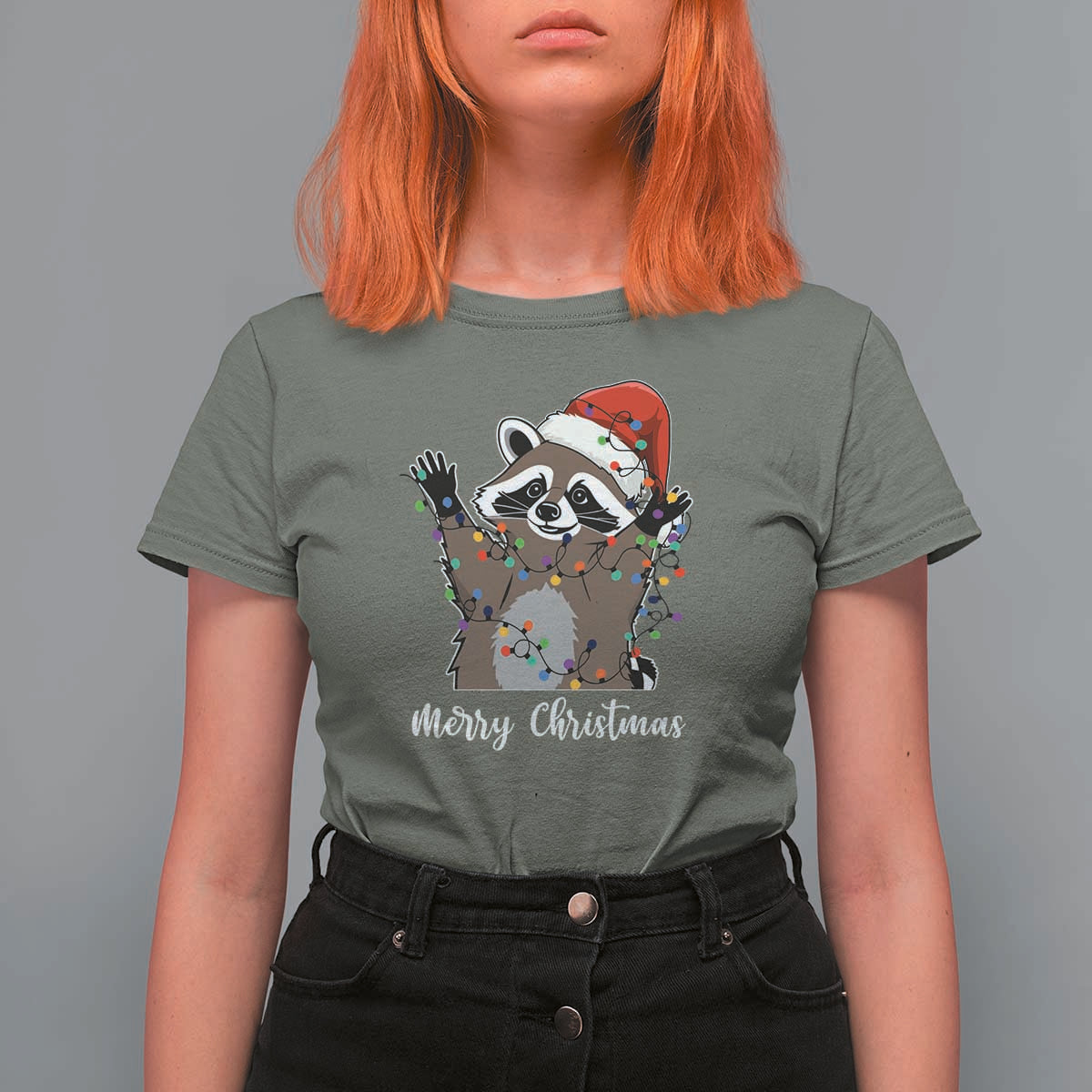 Merry Christmas Raccoon T Shirt For Women Happy Holidays Gift Animal Xmas Lights Red Santa Hat - Wonder Print Shop