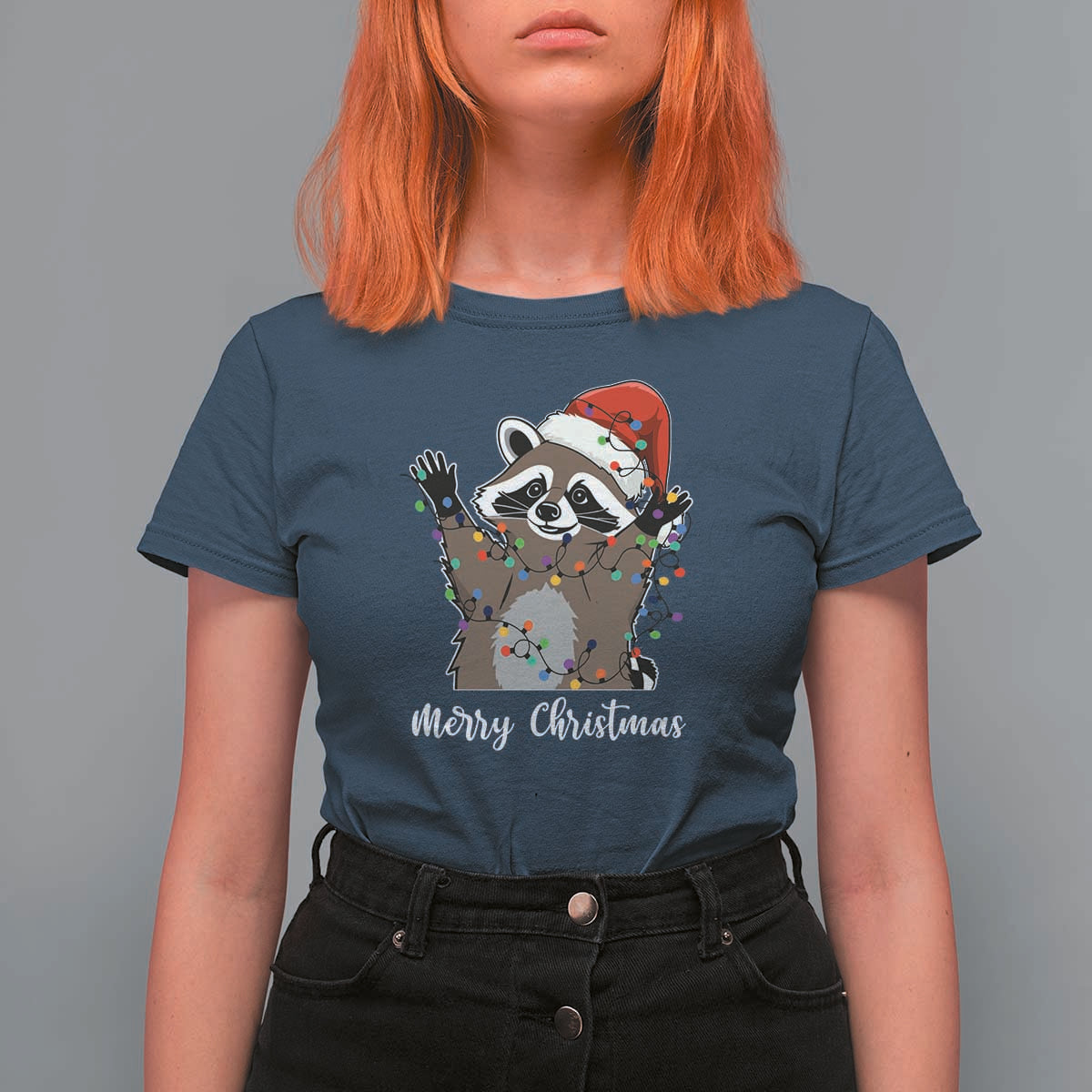 Merry Christmas Raccoon T Shirt For Women Happy Holidays Gift Animal Xmas Lights Red Santa Hat - Wonder Print Shop