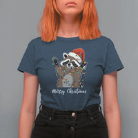 Merry Christmas Raccoon T Shirt For Women Happy Holidays Gift Animal Xmas Lights Red Santa Hat - Wonder Print Shop