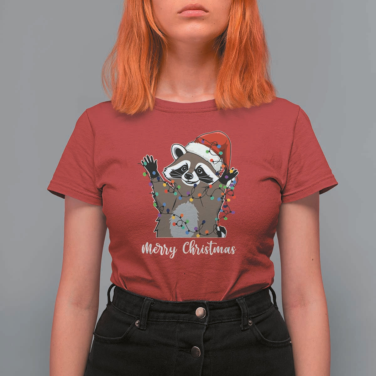 Merry Christmas Raccoon T Shirt For Women Happy Holidays Gift Animal Xmas Lights Red Santa Hat - Wonder Print Shop