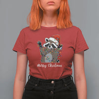 Merry Christmas Raccoon T Shirt For Women Happy Holidays Gift Animal Xmas Lights Red Santa Hat - Wonder Print Shop