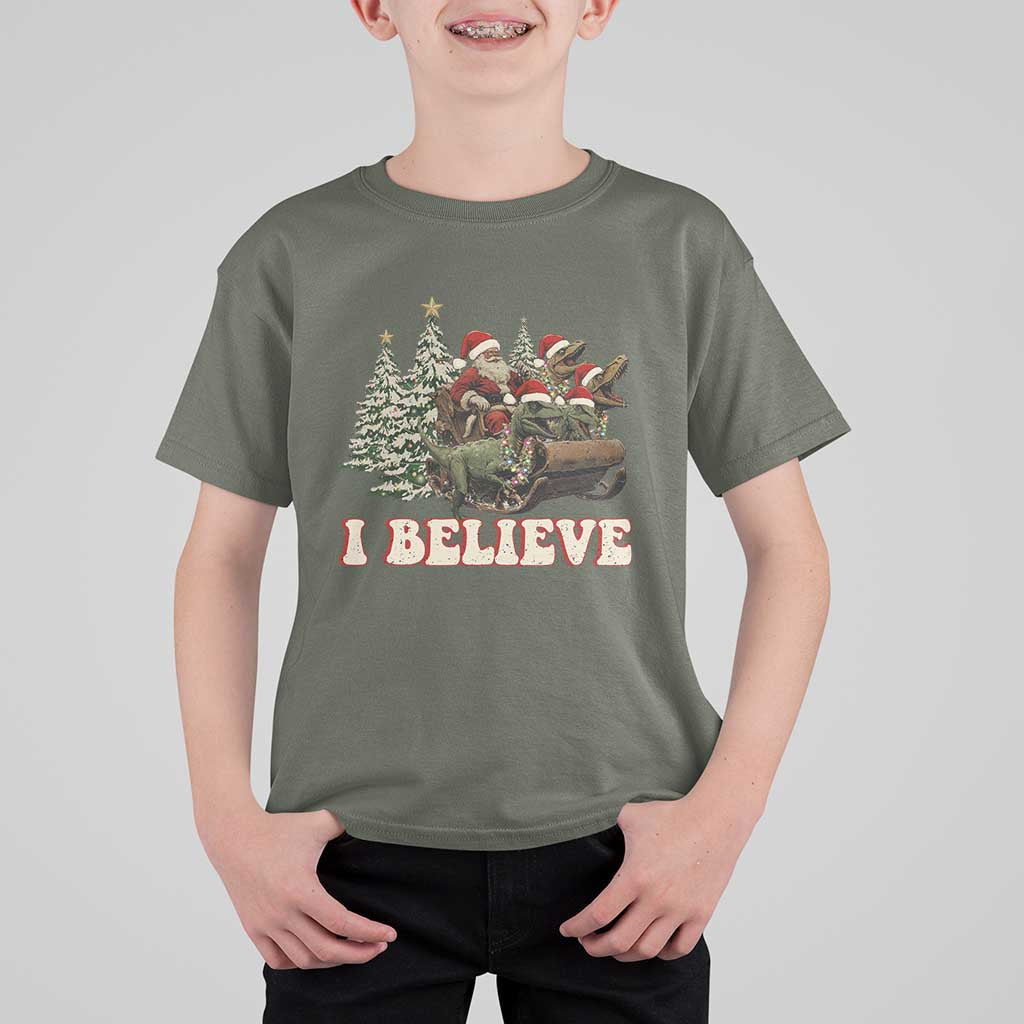 Christmas Santa T Shirt For Kid Riding Dinosaur T rex Boys Men Girls Believe Xmas Squad - Wonder Print Shop