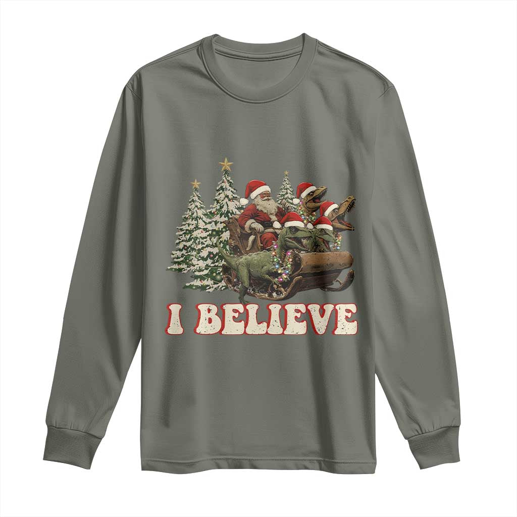 Christmas Santa Long Sleeve Shirt Riding Dinosaur T rex Boys Men Girls Believe Xmas Squad