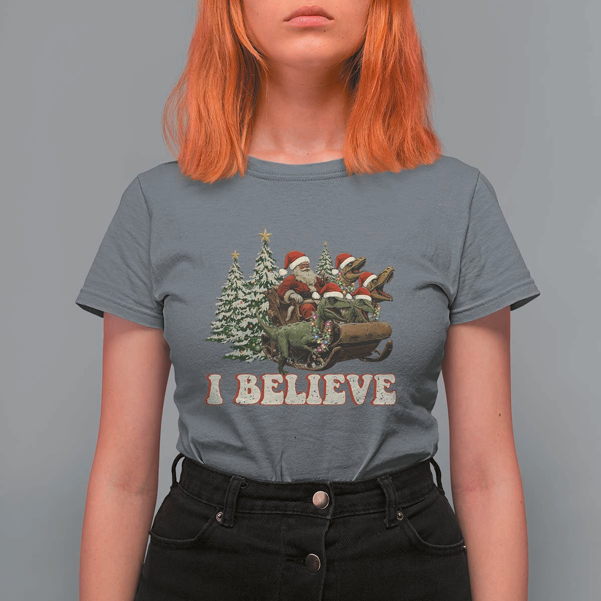 Christmas Santa T Shirt For Women Riding Dinosaur T rex Boys Men Girls Believe Xmas Squad - Wonder Print Shop