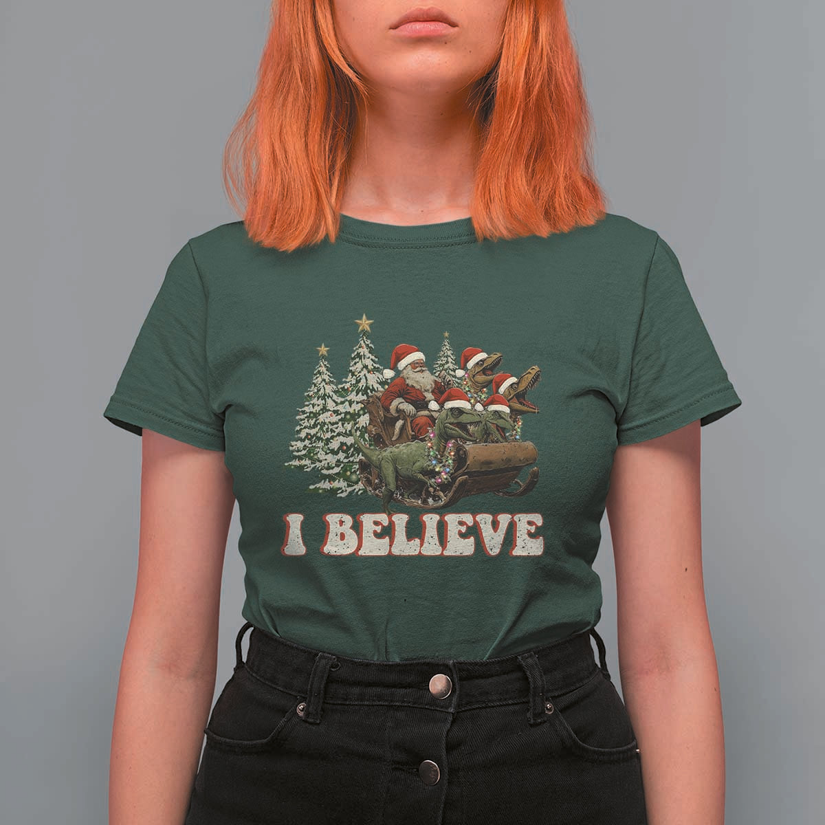 Christmas Santa T Shirt For Women Riding Dinosaur T rex Boys Men Girls Believe Xmas Squad - Wonder Print Shop