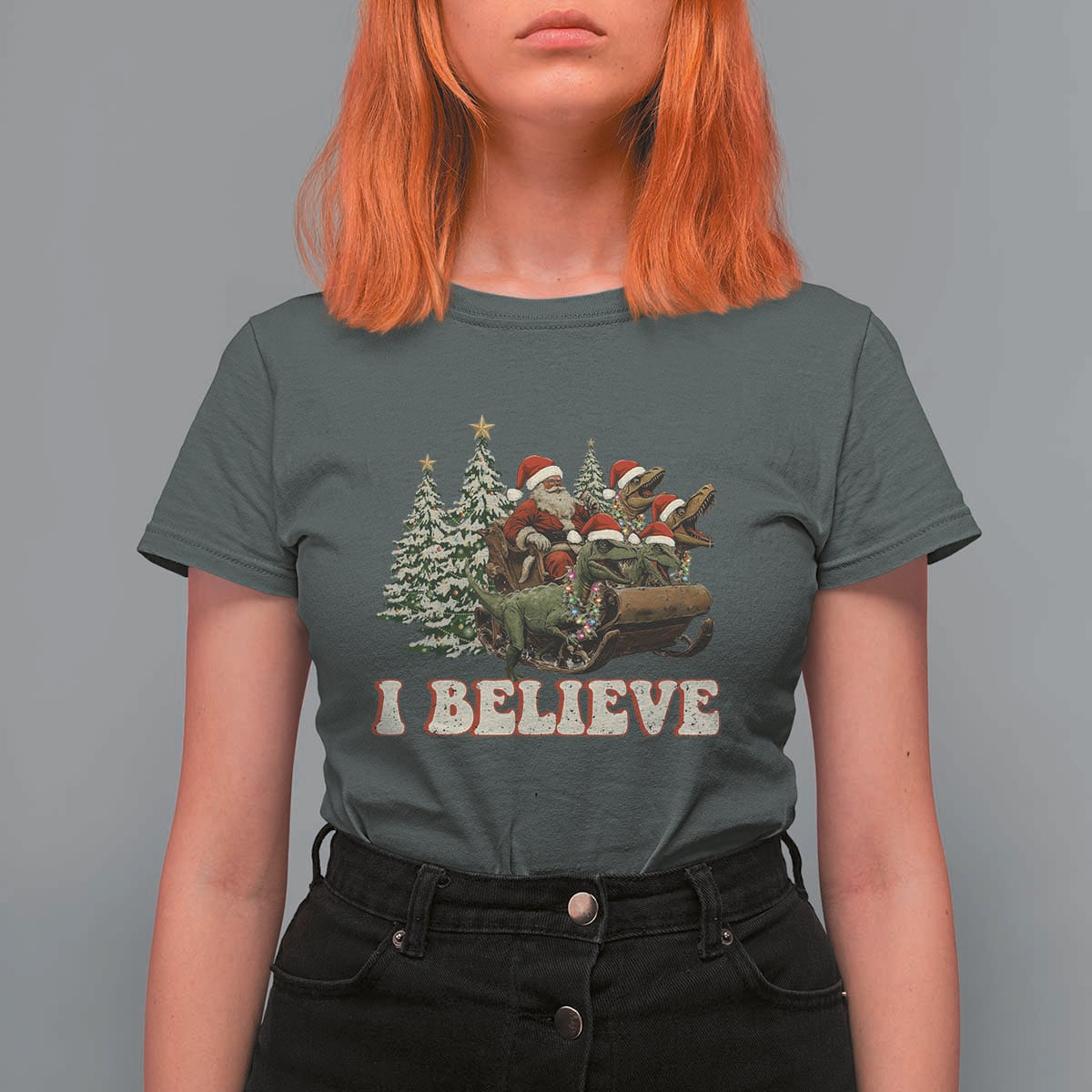 Christmas Santa T Shirt For Women Riding Dinosaur T rex Boys Men Girls Believe Xmas Squad - Wonder Print Shop
