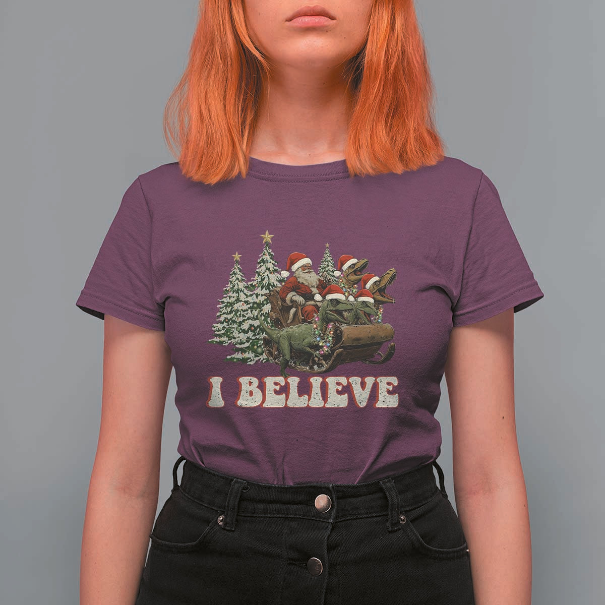 Christmas Santa T Shirt For Women Riding Dinosaur T rex Boys Men Girls Believe Xmas Squad - Wonder Print Shop