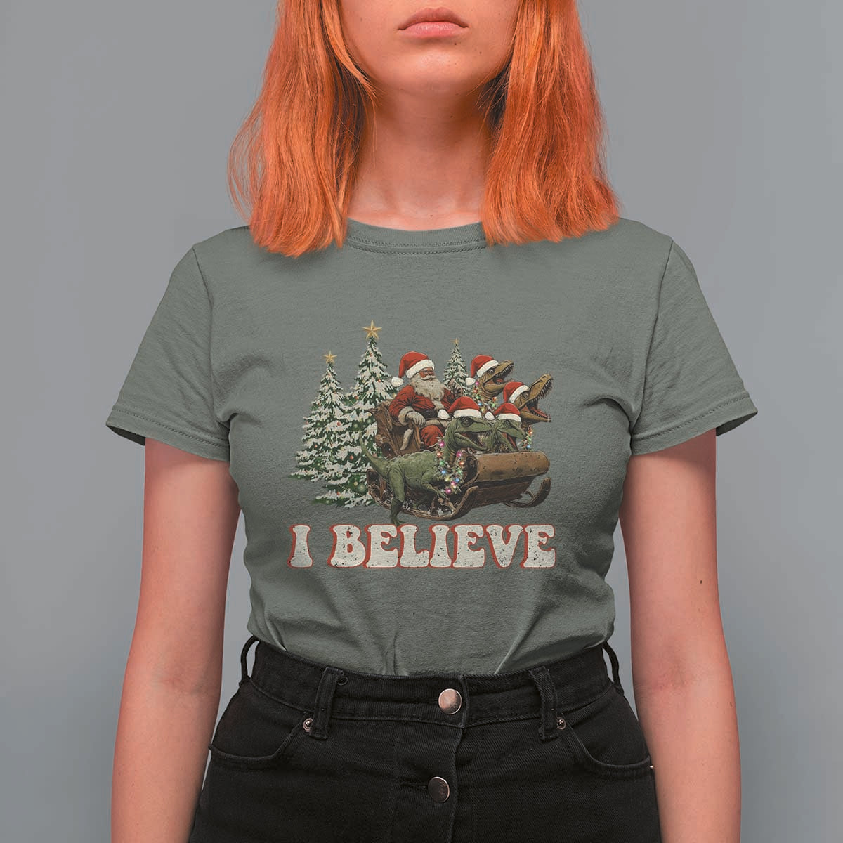 Christmas Santa T Shirt For Women Riding Dinosaur T rex Boys Men Girls Believe Xmas Squad - Wonder Print Shop