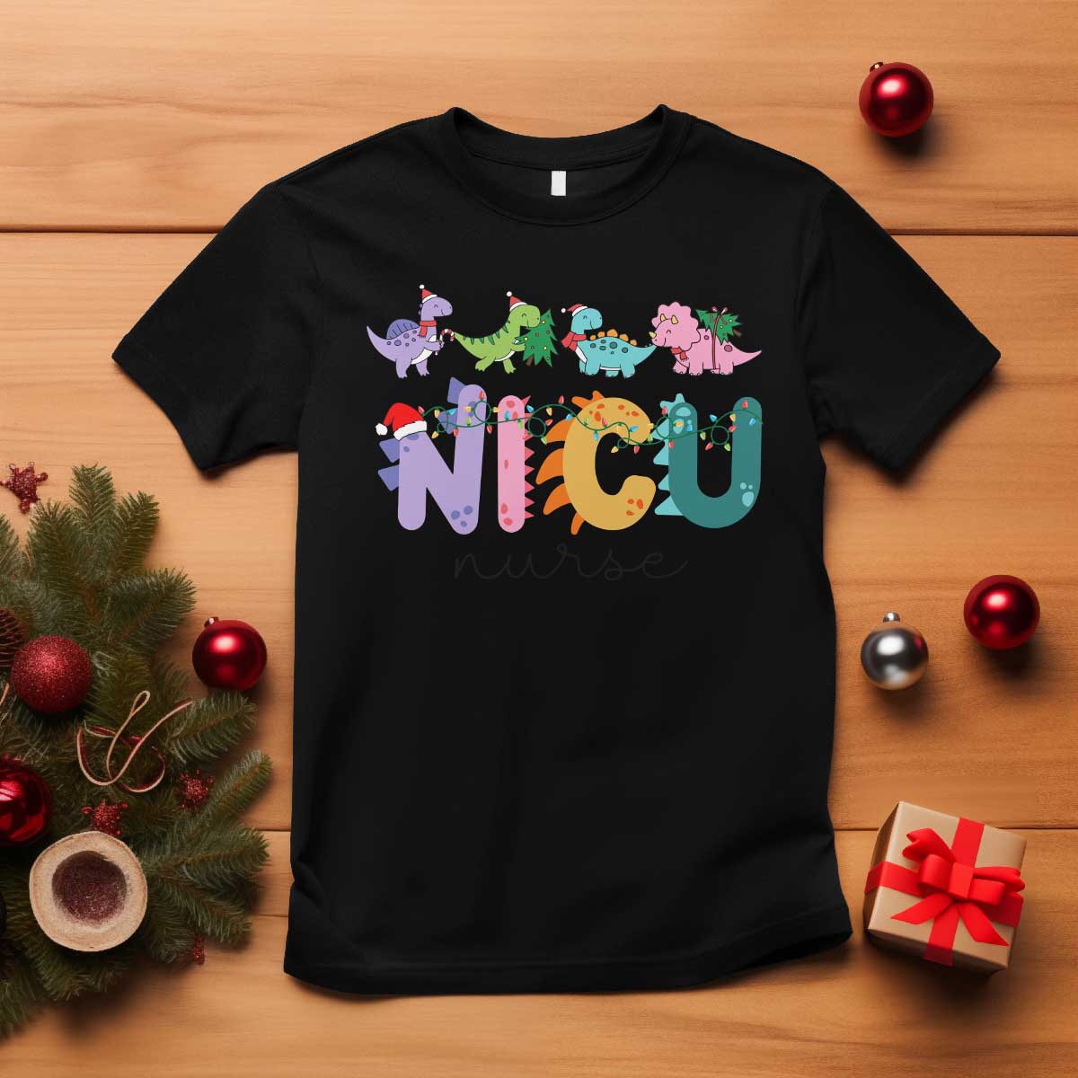 NICU Nurse Christmas T Shirt Xmas Light Neonatal Intensive Care Unit Nurse Appreciation Gift Dinosaur - Wonder Print Shop
