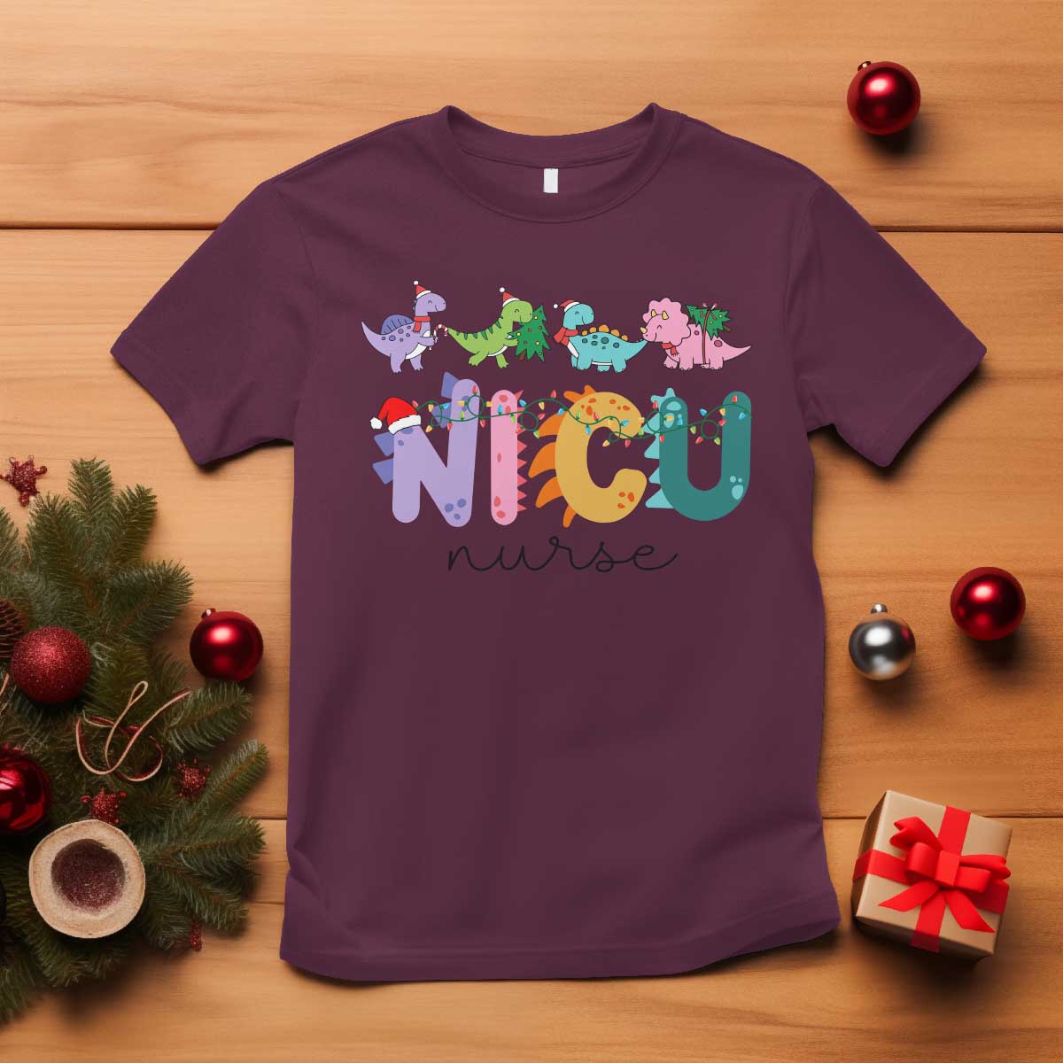 NICU Nurse Christmas T Shirt Xmas Light Neonatal Intensive Care Unit Nurse Appreciation Gift Dinosaur - Wonder Print Shop