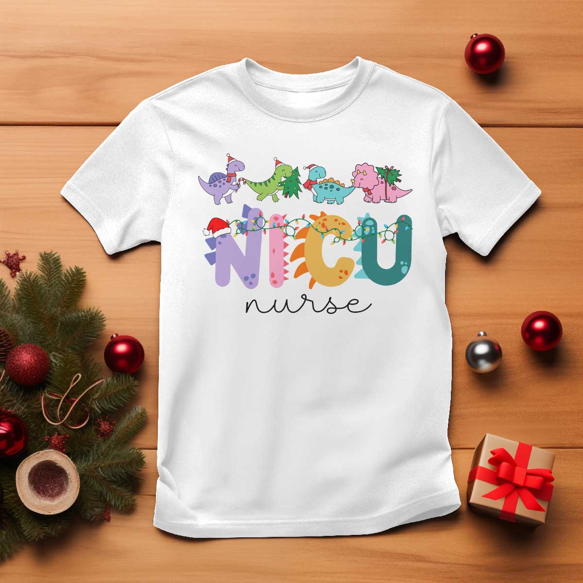 NICU Nurse Christmas T Shirt Xmas Light Neonatal Intensive Care Unit Nurse Appreciation Gift Dinosaur - Wonder Print Shop