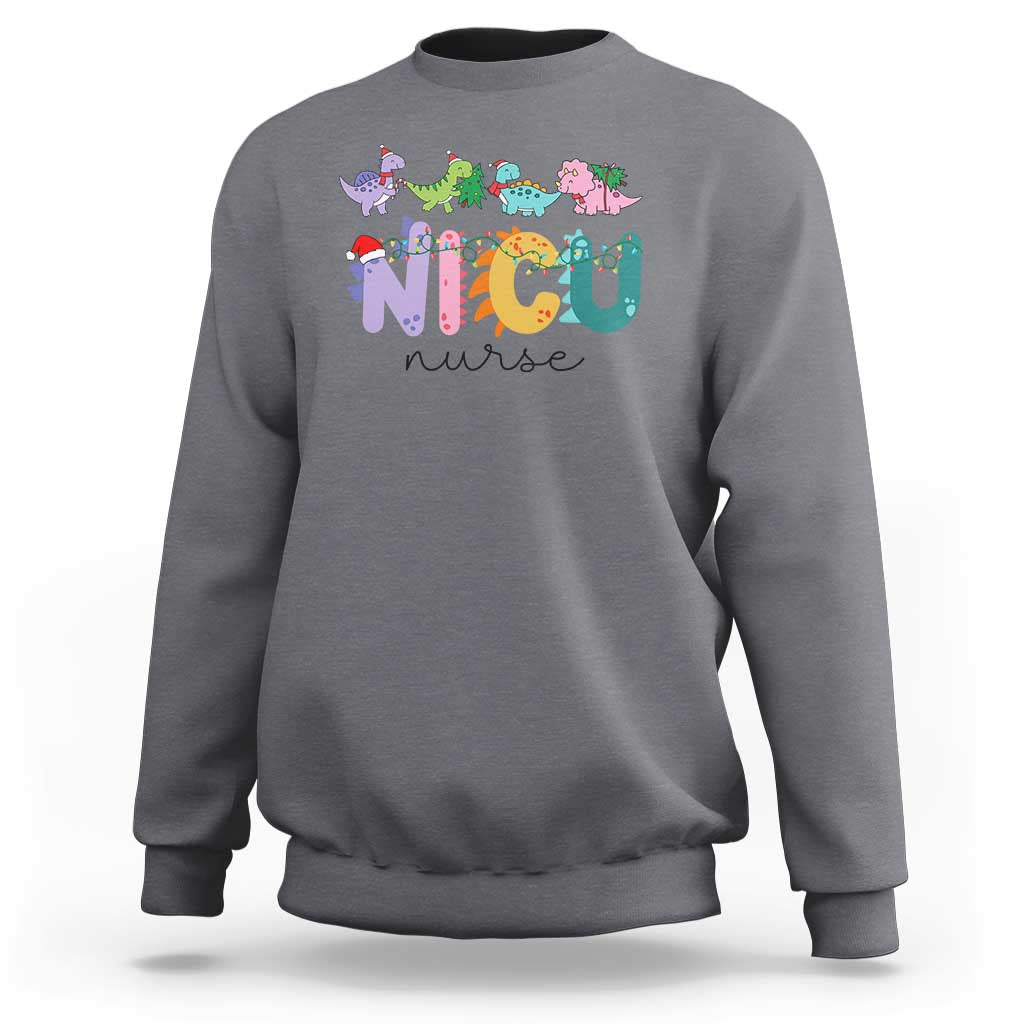 NICU Nurse Christmas Sweatshirt Xmas Light Neonatal Intensive Care Unit Nurse Appreciation Gift Dinosaur - Wonder Print Shop