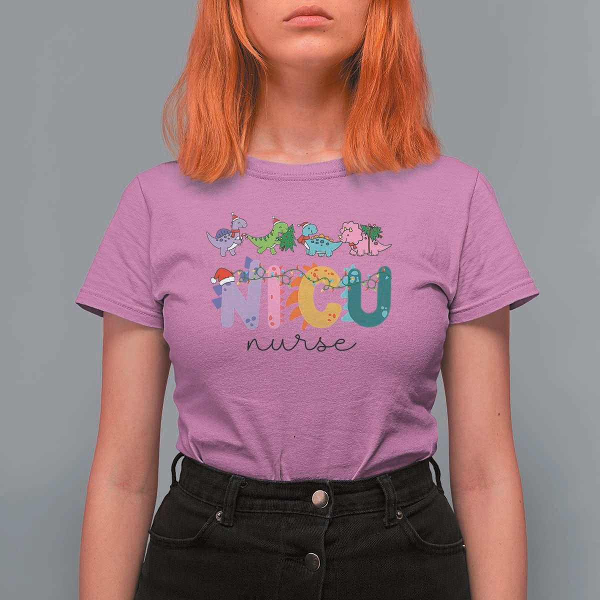 NICU Nurse Christmas T Shirt For Women Xmas Light Neonatal Intensive Care Unit Nurse Appreciation Gift Dinosaur - Wonder Print Shop