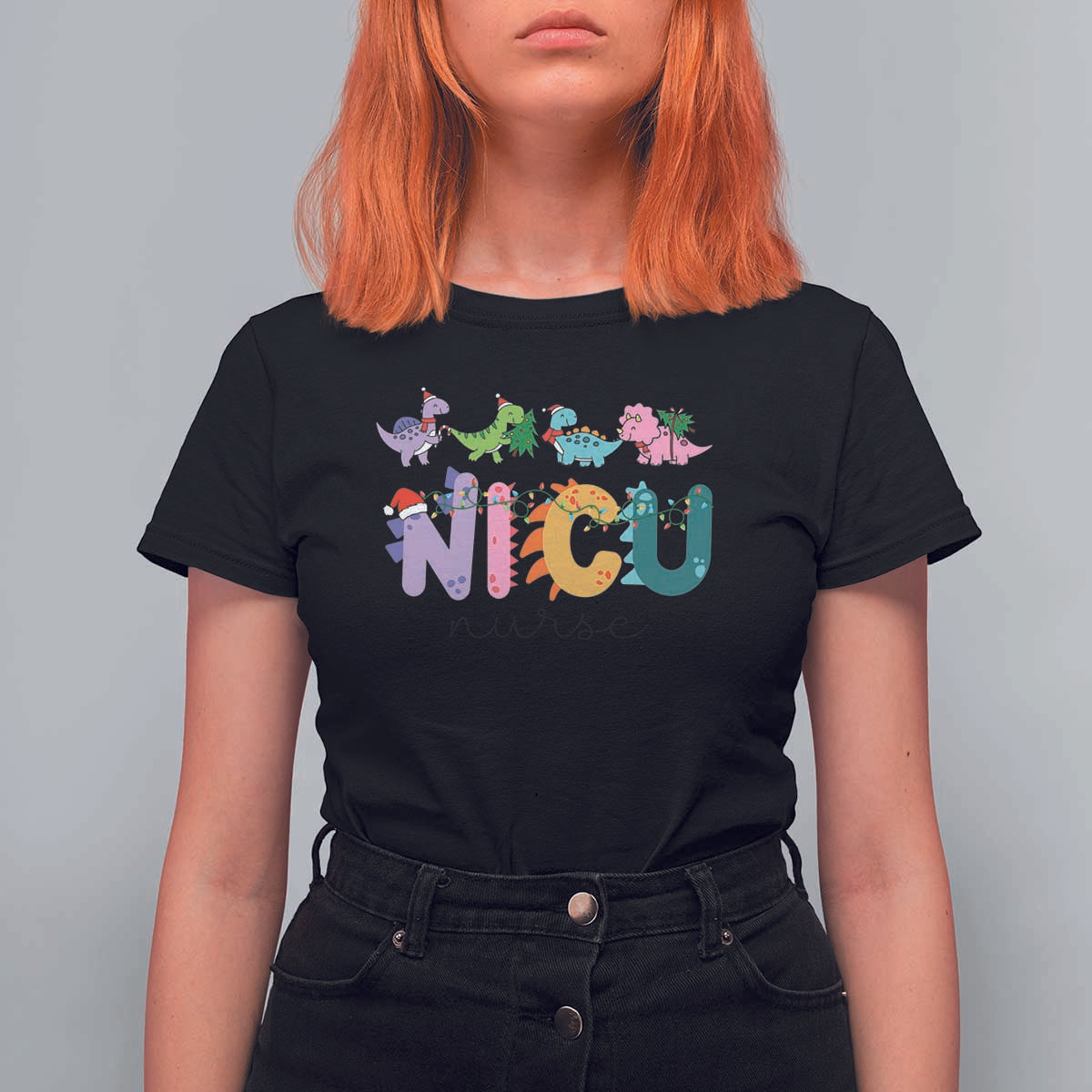 NICU Nurse Christmas T Shirt For Women Xmas Light Neonatal Intensive Care Unit Nurse Appreciation Gift Dinosaur - Wonder Print Shop