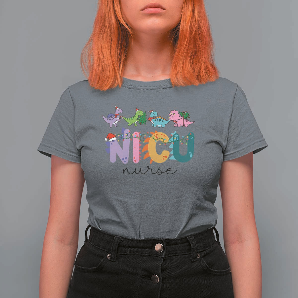 NICU Nurse Christmas T Shirt For Women Xmas Light Neonatal Intensive Care Unit Nurse Appreciation Gift Dinosaur - Wonder Print Shop
