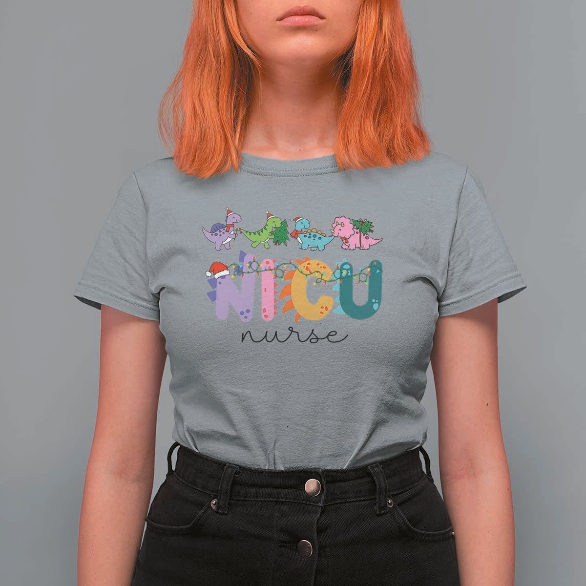 NICU Nurse Christmas T Shirt For Women Xmas Light Neonatal Intensive Care Unit Nurse Appreciation Gift Dinosaur - Wonder Print Shop