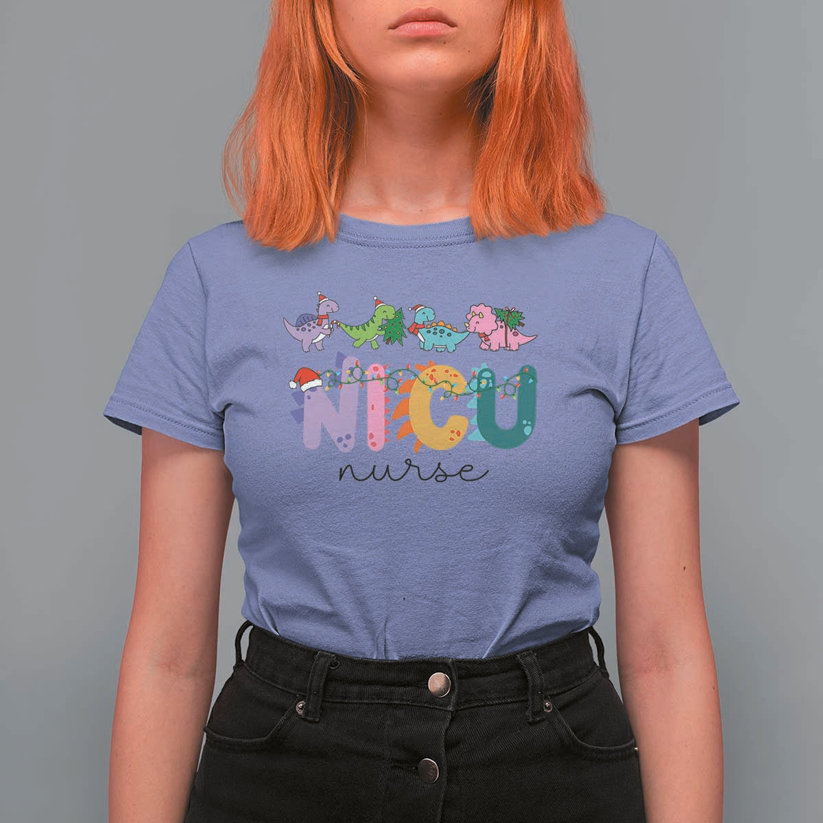 NICU Nurse Christmas T Shirt For Women Xmas Light Neonatal Intensive Care Unit Nurse Appreciation Gift Dinosaur - Wonder Print Shop