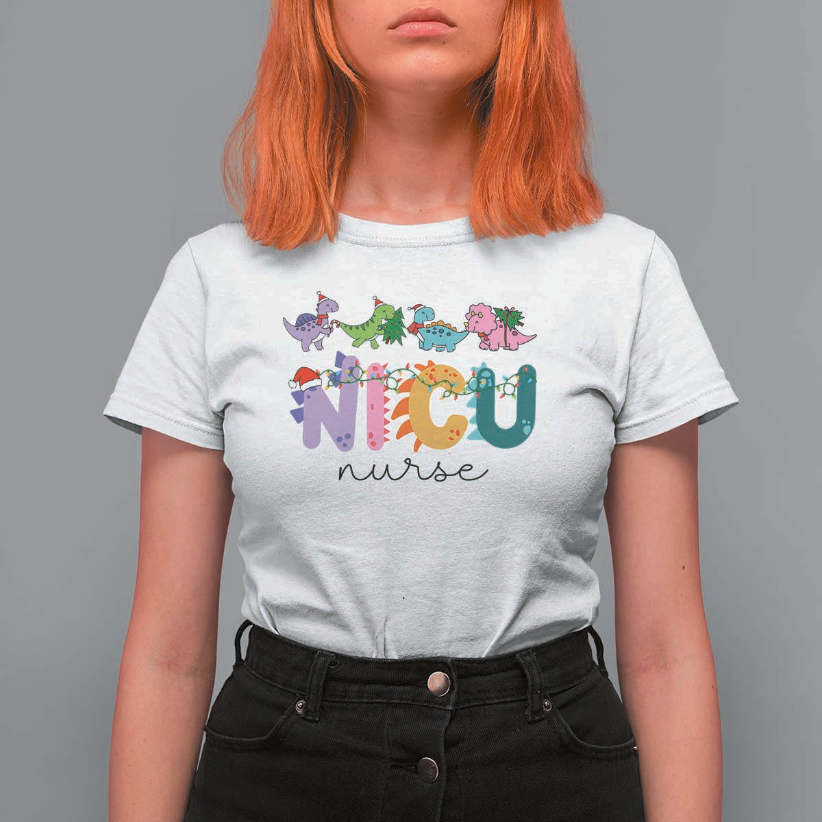 NICU Nurse Christmas T Shirt For Women Xmas Light Neonatal Intensive Care Unit Nurse Appreciation Gift Dinosaur - Wonder Print Shop