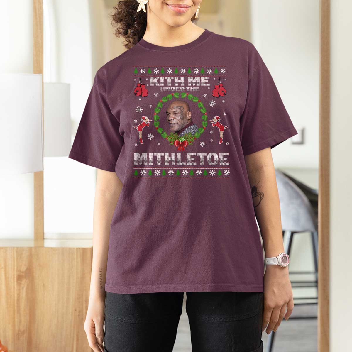 Funny Christmas T Shirt For Women Kith Me Under The Mithletoe Tyson Ugly Xmas - Wonder Print Shop