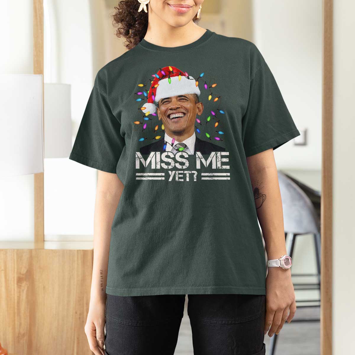 Funny Christmas Obama T Shirt For Women Funny Santa Xmas Light - Wonder Print Shop