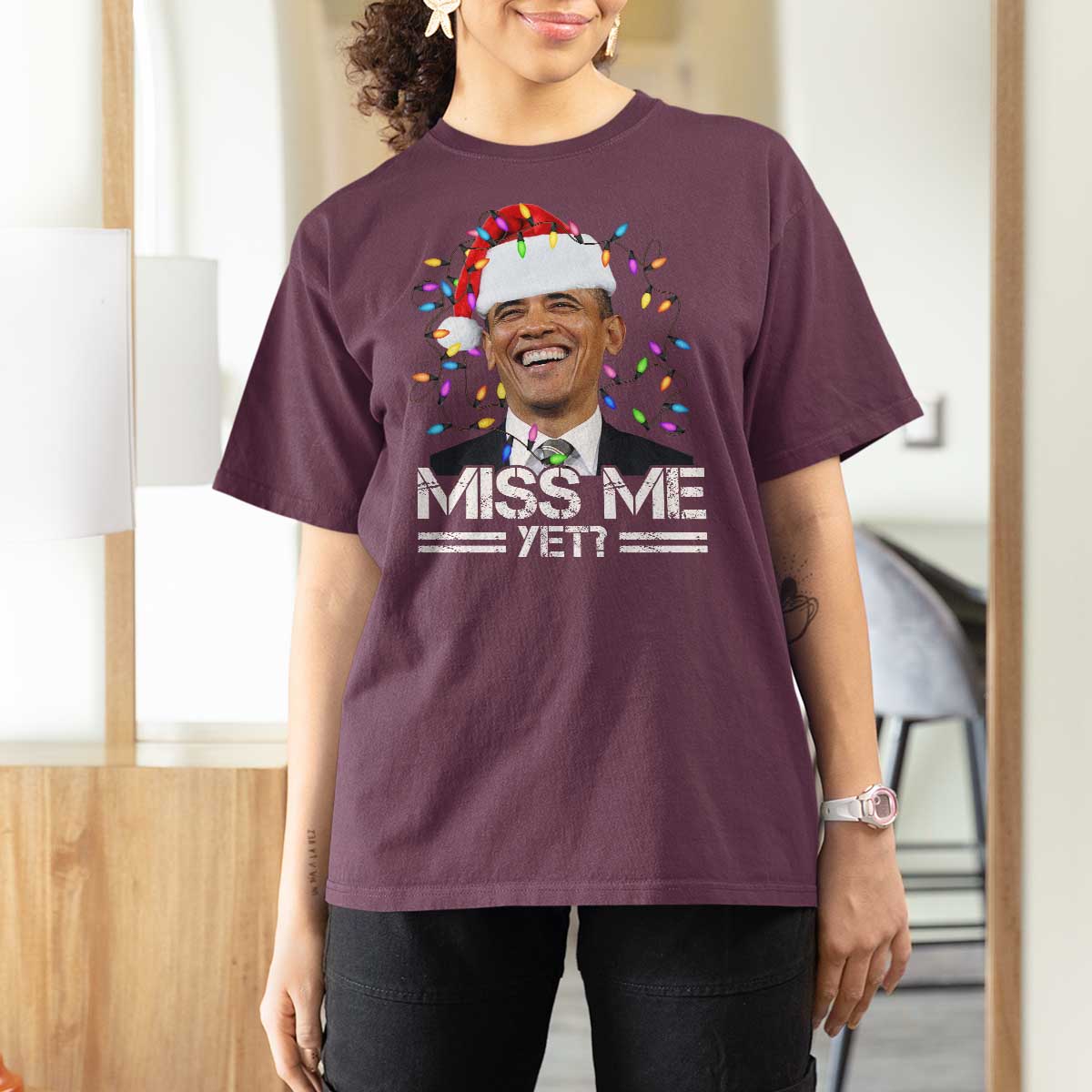 Funny Christmas Obama T Shirt For Women Funny Santa Xmas Light - Wonder Print Shop