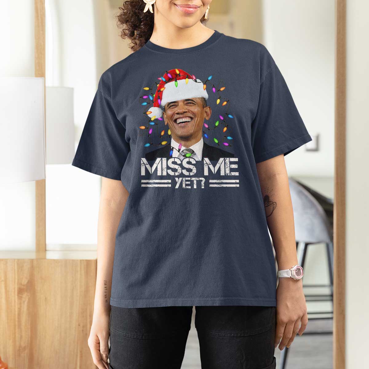 Funny Christmas Obama T Shirt For Women Funny Santa Xmas Light - Wonder Print Shop