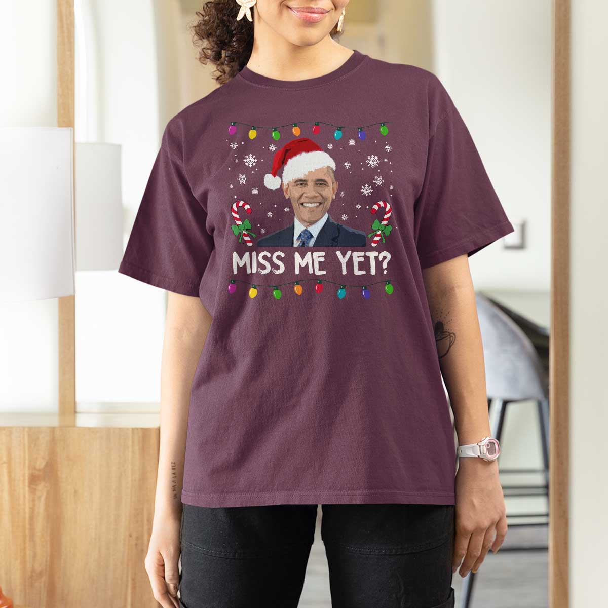 Funny Obama Ugly Xmas T Shirt For Women Funny Santa Xmas Light - Wonder Print Shop