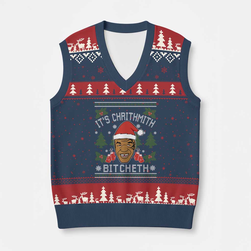 Funny Xmas V-Neck Knit Sweater Vest Merry Chrithmith Ath Thweater Tyson Professional Boxer Ugly Xmas - Wonder Print Shop