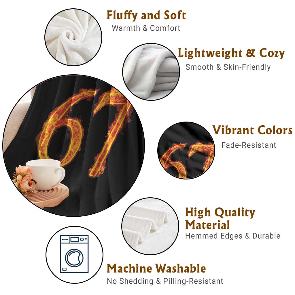 Fire Flame Number 67 Throw Blanket Funny Six Seven Gen Alpha Slang Meme Sports Team Jersey - Wonder Print Shop