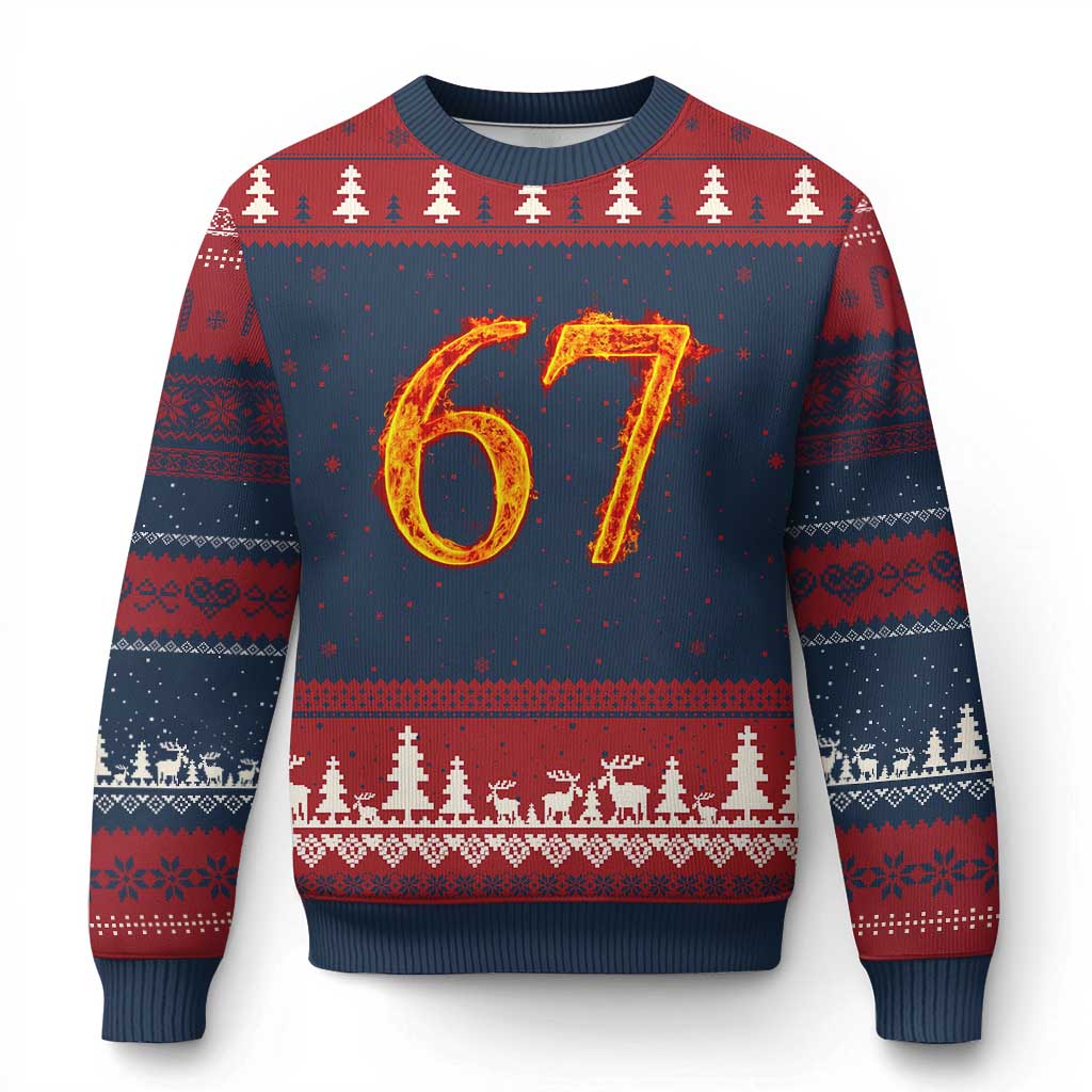 Fire Flame Number 67 Ugly Christmas Sweater Funny Six Seven Gen Alpha Slang Meme Sports Team Jersey - Wonder Print Shop
