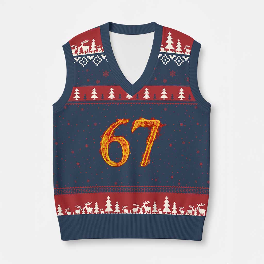 Fire Flame Number 67 V-Neck Knit Sweater Vest Funny Six Seven Gen Alpha Slang Meme Sports Team Jersey - Wonder Print Shop
