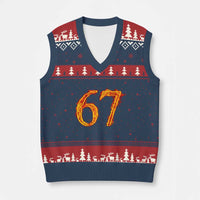 Fire Flame Number 67 V-Neck Knit Sweater Vest Funny Six Seven Gen Alpha Slang Meme Sports Team Jersey - Wonder Print Shop