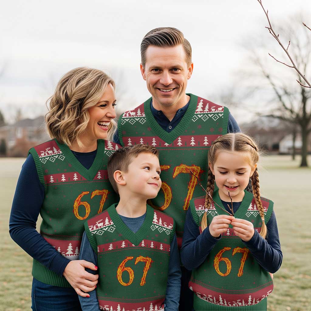 Fire Flame Number 67 V-Neck Knit Sweater Vest Funny Six Seven Gen Alpha Slang Meme Sports Team Jersey - Wonder Print Shop