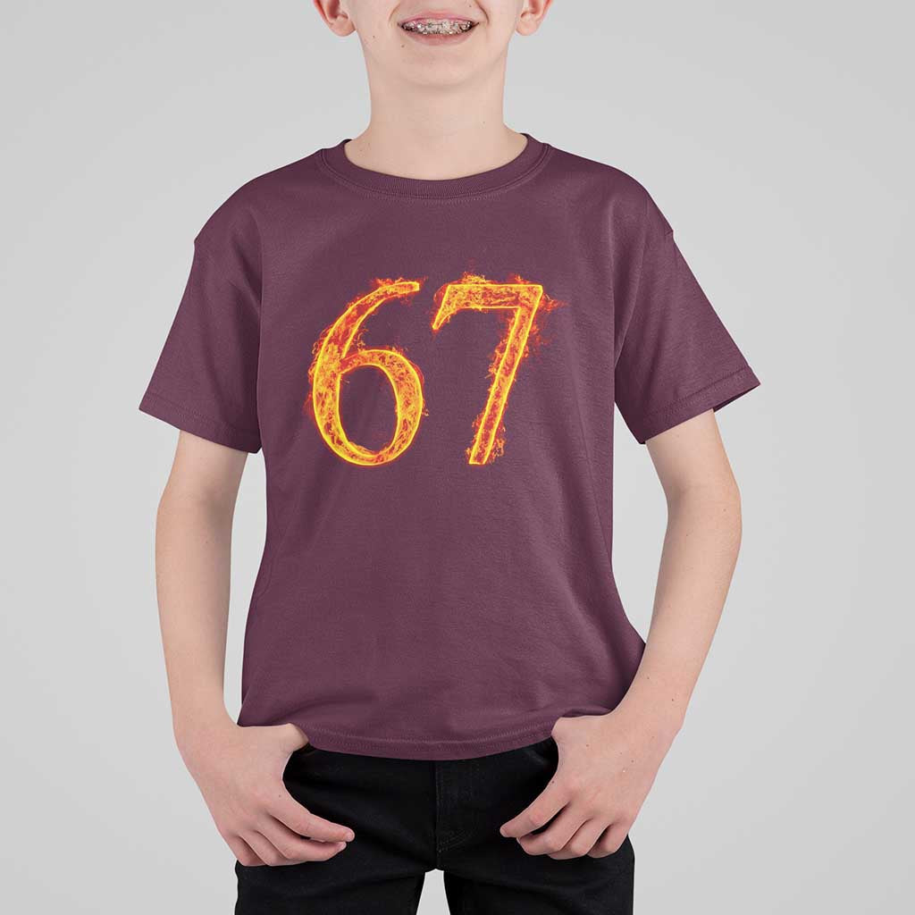 Fire Flame Number 67 T Shirt For Kid Funny Six Seven Gen Alpha Slang Meme Sports Team Jersey - Wonder Print Shop