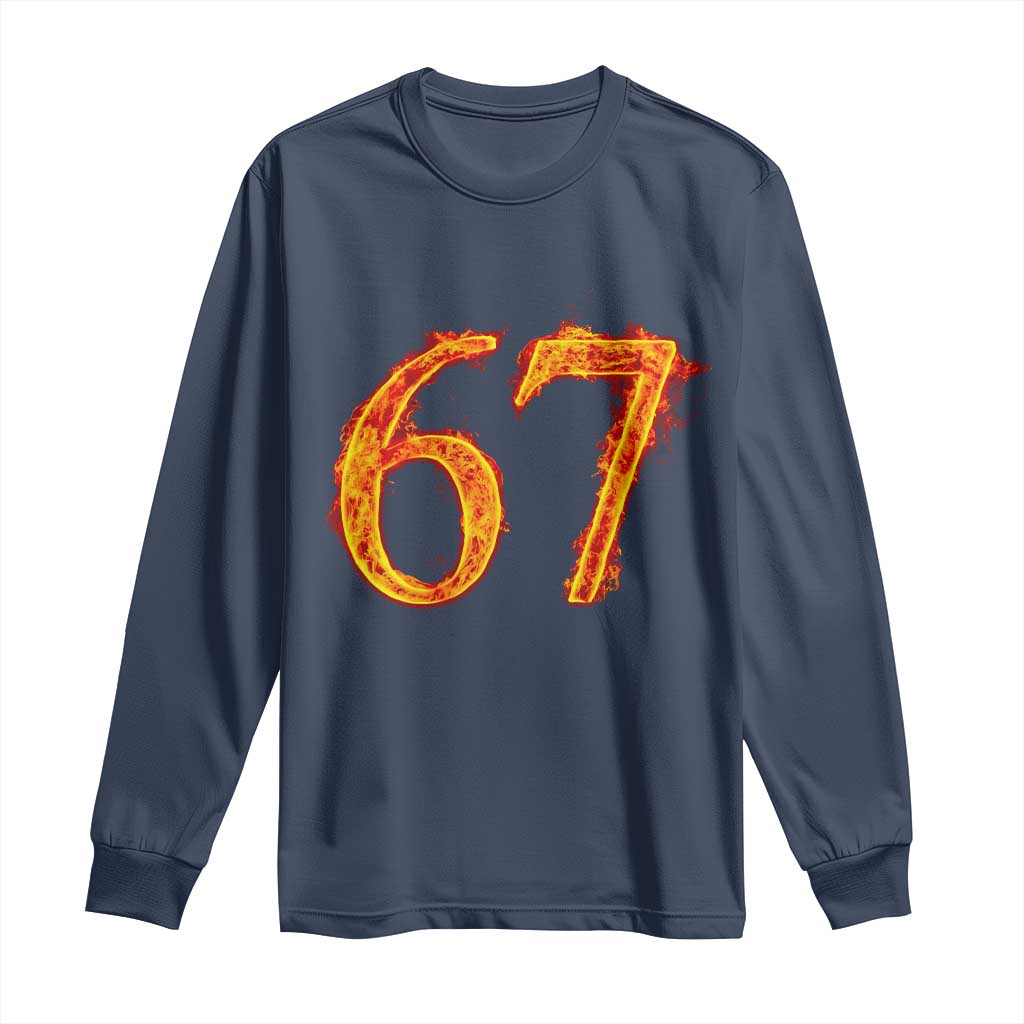 Fire Flame Number 67 Long Sleeve Shirt Funny Six Seven Gen Alpha Slang Meme Sports Team Jersey - Wonder Print Shop