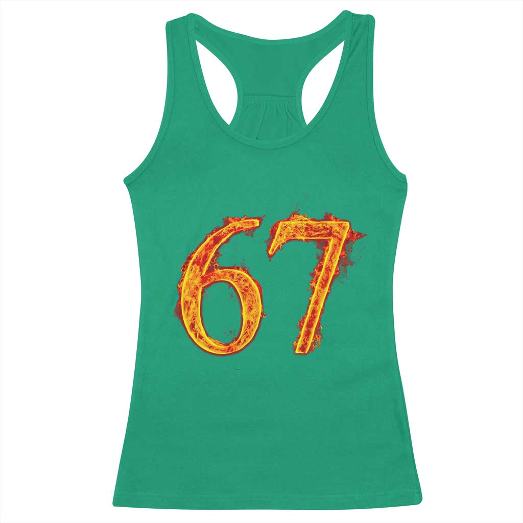 Fire Flame Number 67 Racerback Tank Top Funny Six Seven Gen Alpha Slang Meme Sports Team Jersey - Wonder Print Shop