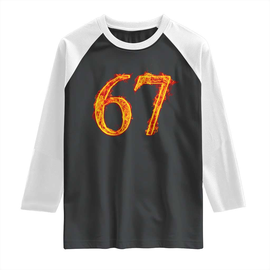 Fire Flame Number 67 Raglan Shirt Funny Six Seven Gen Alpha Slang Meme Sports Team Jersey - Wonder Print Shop