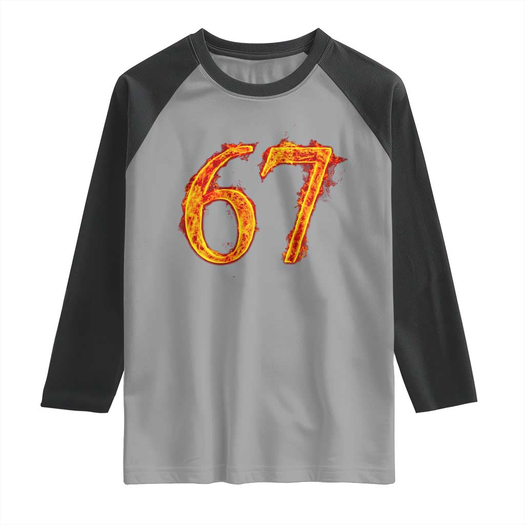 Fire Flame Number 67 Raglan Shirt Funny Six Seven Gen Alpha Slang Meme Sports Team Jersey - Wonder Print Shop