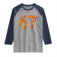 Fire Flame Number 67 Raglan Shirt Funny Six Seven Gen Alpha Slang Meme Sports Team Jersey - Wonder Print Shop