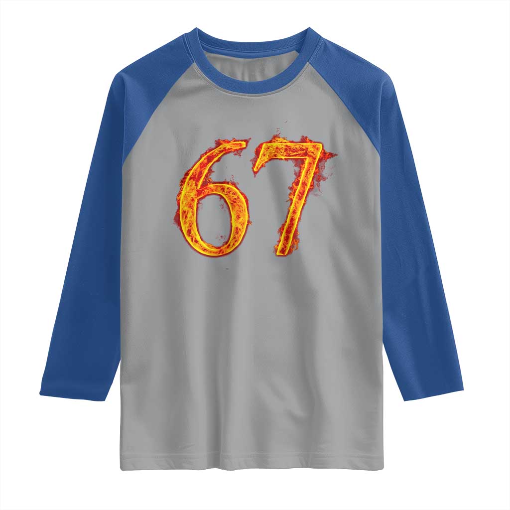 Fire Flame Number 67 Raglan Shirt Funny Six Seven Gen Alpha Slang Meme Sports Team Jersey - Wonder Print Shop