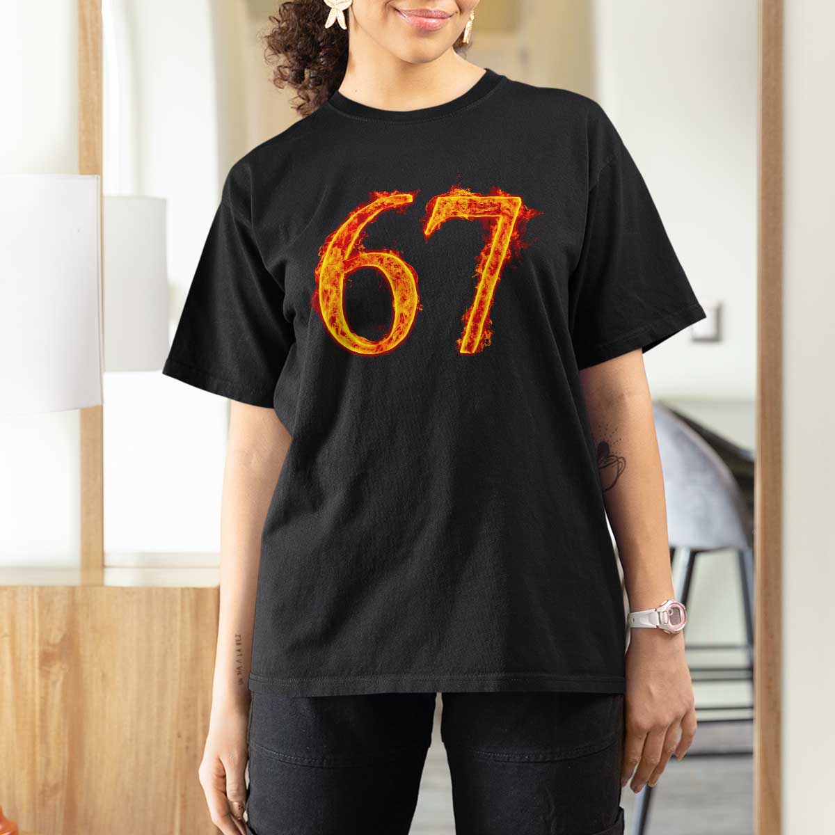 Fire Flame Number 67 T Shirt For Women Funny Six Seven Gen Alpha Slang Meme Sports Team Jersey - Wonder Print Shop