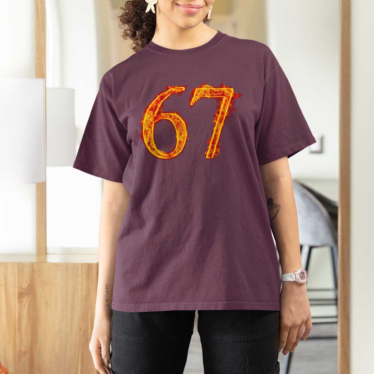 Fire Flame Number 67 T Shirt For Women Funny Six Seven Gen Alpha Slang Meme Sports Team Jersey - Wonder Print Shop