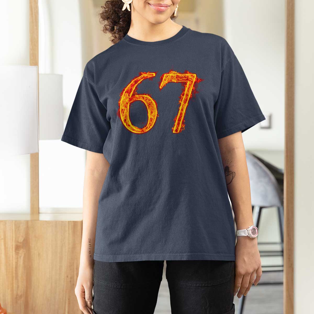 Fire Flame Number 67 T Shirt For Women Funny Six Seven Gen Alpha Slang Meme Sports Team Jersey - Wonder Print Shop