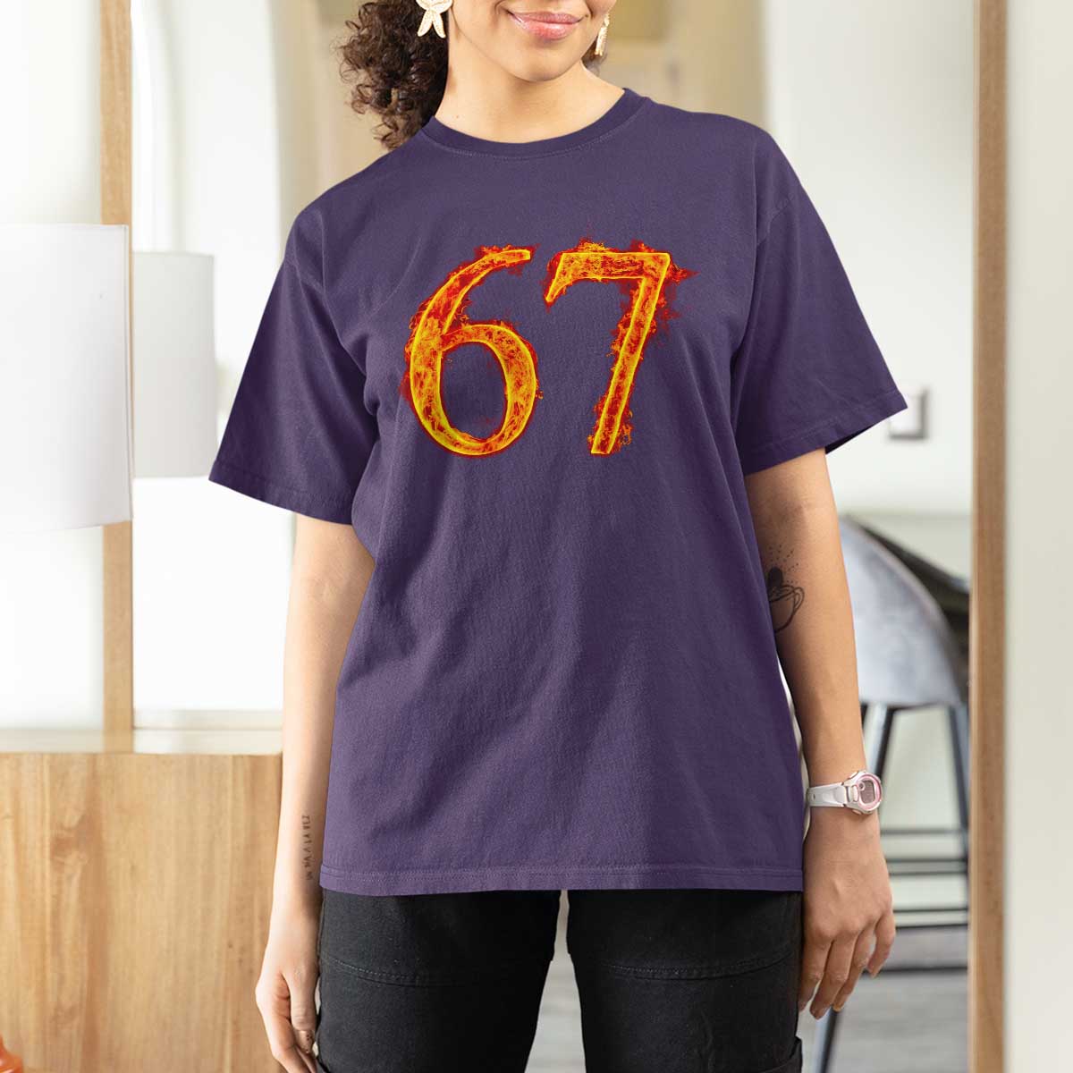 Fire Flame Number 67 T Shirt For Women Funny Six Seven Gen Alpha Slang Meme Sports Team Jersey - Wonder Print Shop