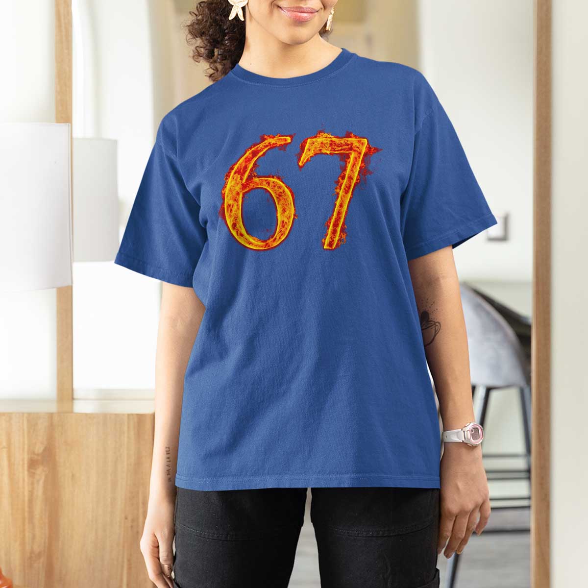 Fire Flame Number 67 T Shirt For Women Funny Six Seven Gen Alpha Slang Meme Sports Team Jersey - Wonder Print Shop